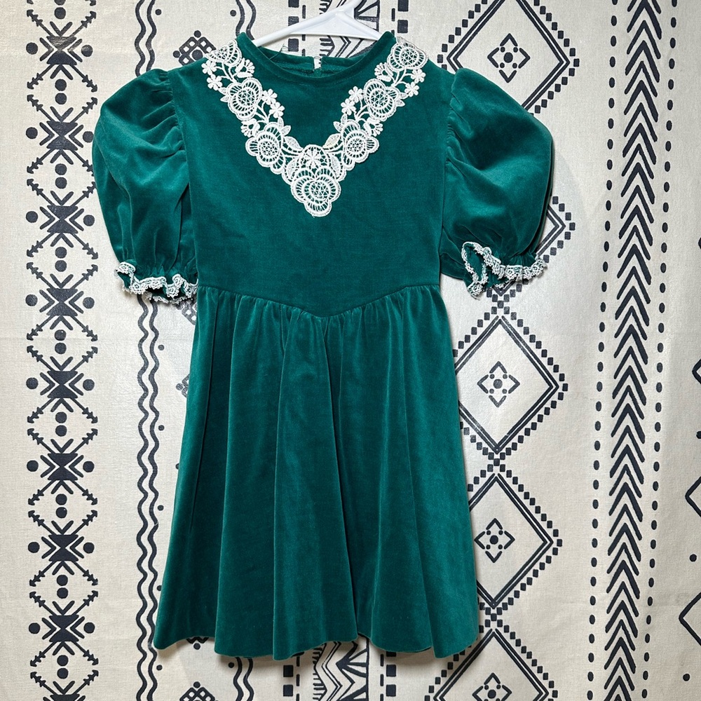 Vintage Good Lad Girls 6x Green‎ Velvet & Lace Dress- Made in the USA